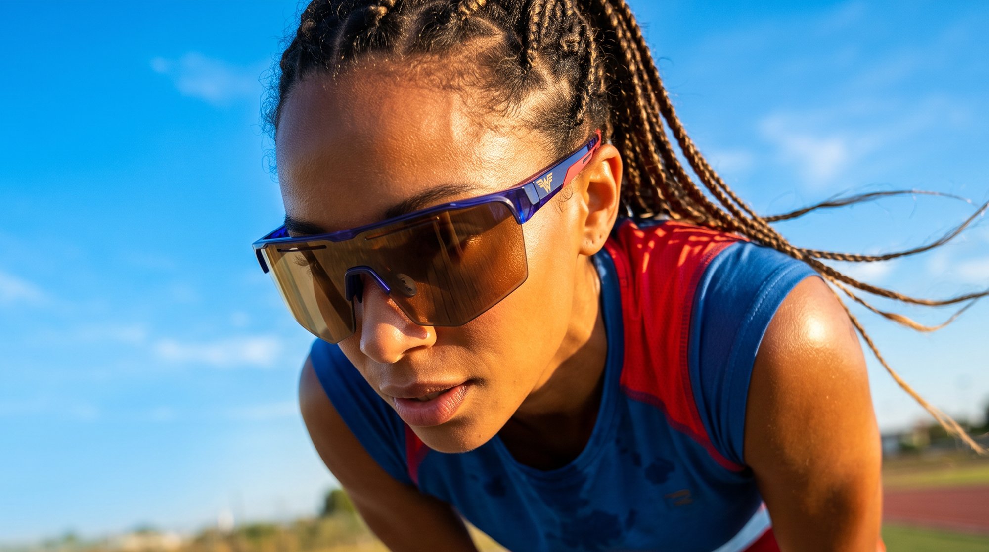 Atleta com óculos JF Sun Wonder Woman na pista